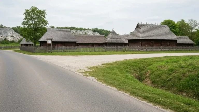 Parking i droga do skansenu w Tokarni koło Chęcin