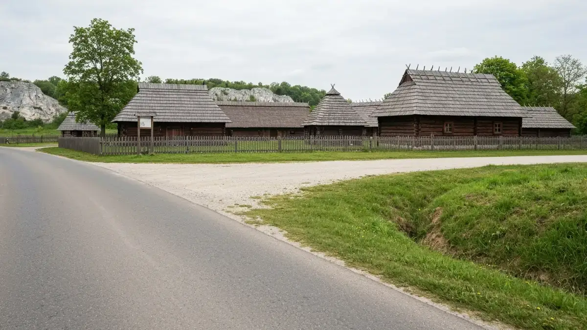 Parking i droga do skansenu w Tokarni koło Chęcin