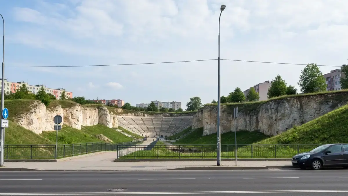 Dojście i parking przy Kadzielni w Kielcach z widokiem na wapienne ściany rezerwatu