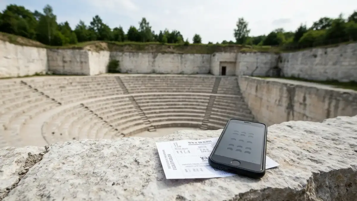 Telefon i bilet na koncert na tle amfiteatru Kadzielnia w Kielcach