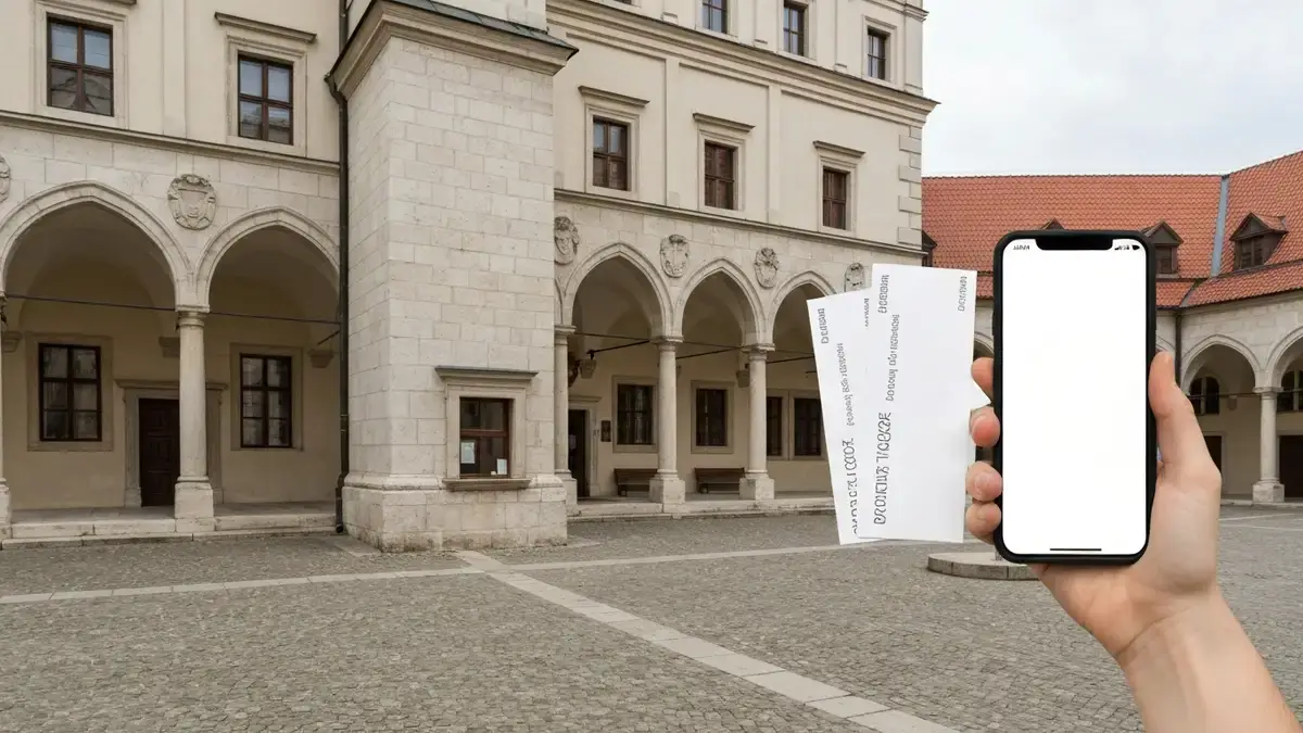 Pałac Biskupów Krakowskich w Kielcach z telefonem i biletami przy wejściu do muzeum