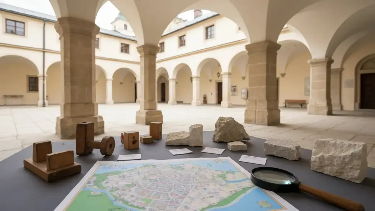 Stolik z zabawkami, mapa i wapieniem na tle palacowego dziedzinca w Kielcach